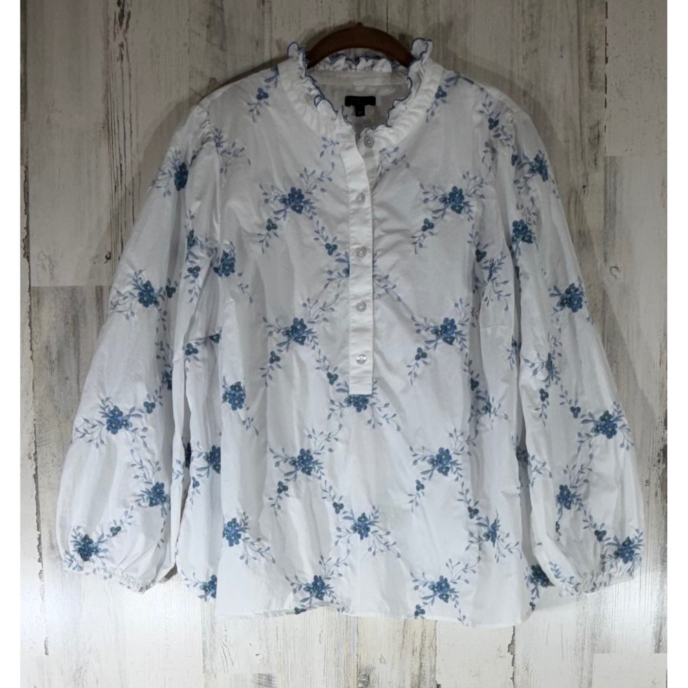 Talbots Popover Top 2XP Floral Embroidered Ruffle Neck Garden Party Cottagecore